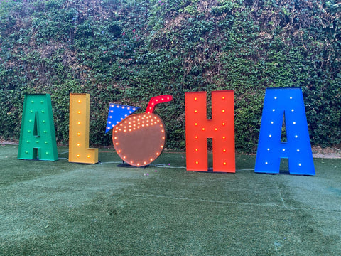 Colorful ALOHA Sign Large Marquee Letters 4ft 5ft Tall | Large ALOHA Sign | Giant Light Up Pineapple | Large Marquee Letters with Lights | Hawaiian Decorations